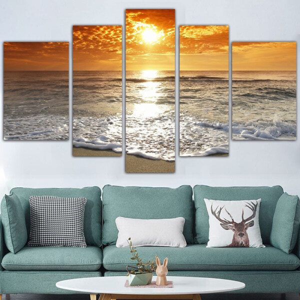 Canvas 5 Panel Hot The beach the sea the golden sky the  scenery  pretty  Wall Art Poster HD Print OTHER Paintings
