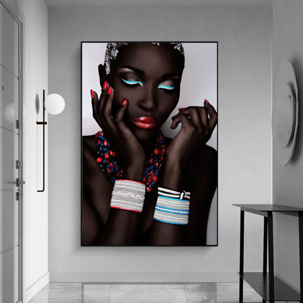 Amazon Hot Sell High Quality African lady Oil Painting Canvas Printing Art Black Woman Canvas Pictures Artwork For Home Decor
