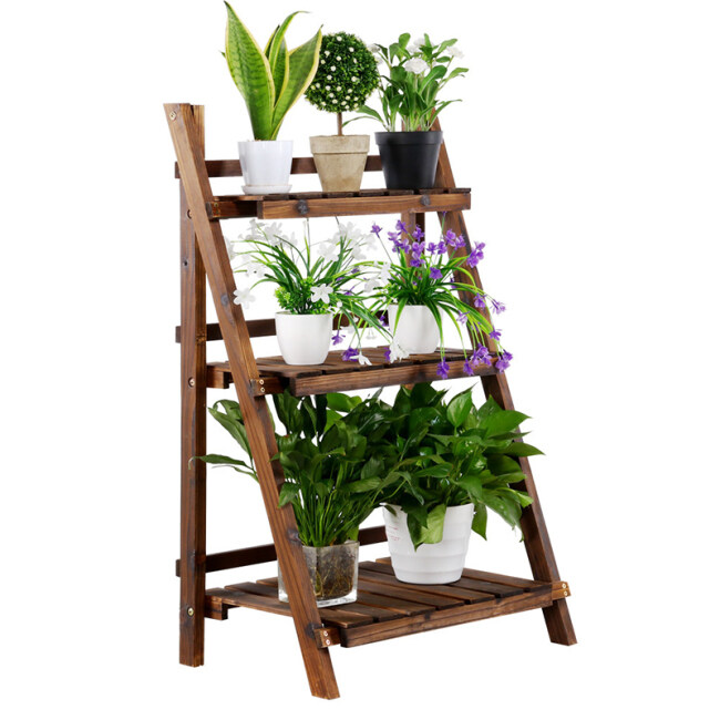 3 Tier Folding Wooden Plant Stand Wood Organizer Flower Pot Stand Plant Display Shelf Rack Ladder Garden Indoors Outdoors