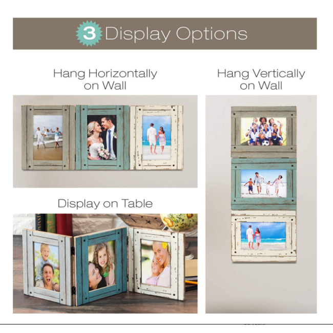 Hand Painted Rustic Three Picture Frame: Holds Three 4x6 Photos