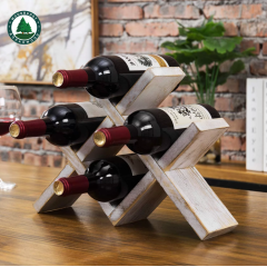  Rustic Pine Wood Wine Rack, Geometric Design 4-Bottle Storage Organizer