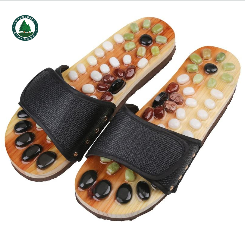 New Unisex Health Reflexology Nature Stone Wooden  Foot Massager Slippers Shoes 