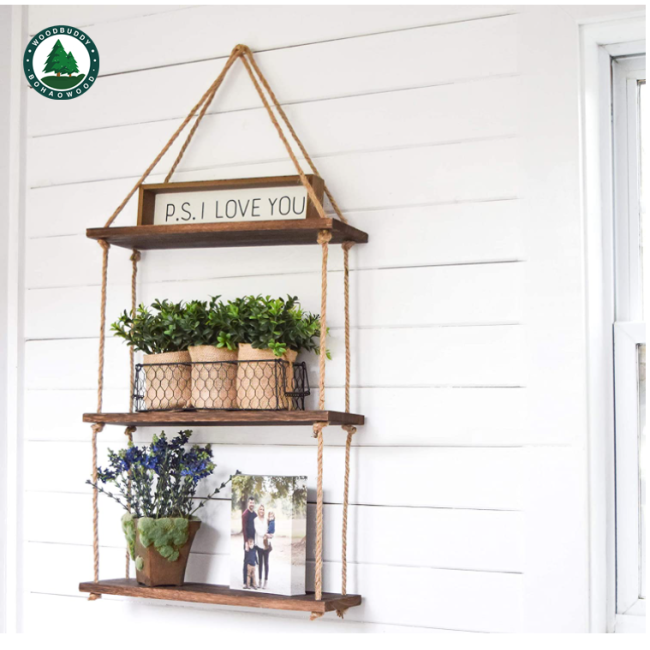  Wall Hanging Shelf - Wood Hanging Shelves for Wall - Farmhouse Rope Shelves for Bedroom Living Room Bathroom - Rustic Wood Shelves - Hanging Plant Shelf - Triangle Floating Shelf (Triangle Mount)