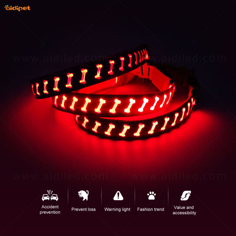 Special PU Dog Collar Synthetic Leather Led Dog Collar Hollow Bone Pattern Luminous Light up Dog Weighted Collar