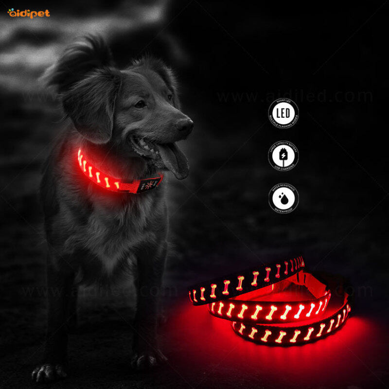 AIDI Flashing Vegan Faux Dog Collar with Led Light USB Charging Led Dog Collar Hollow Printing Pet collar