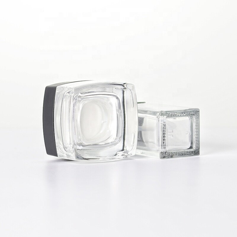 50ml black plastic lid clear glass jar for cream storage square glass jar wholesale