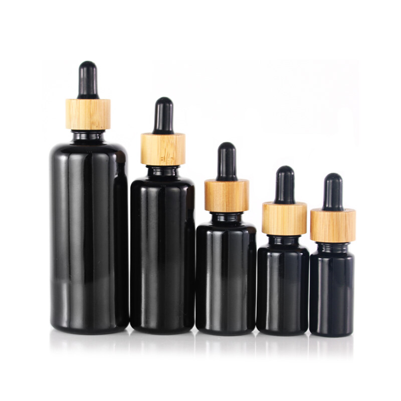 10ml 15ml 30ml 50ml 100ml opaque black glass bottle with bamboo pump injection black glass bottles