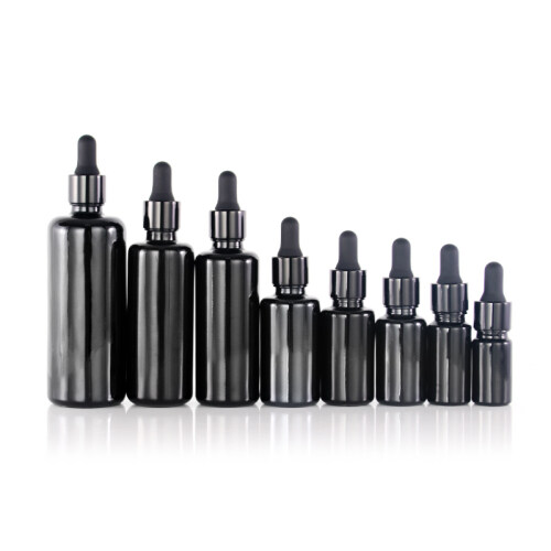 UV protection opaque black glass essential oil bottle opaque black glass bottles with shiny black aluminum dropper bottle