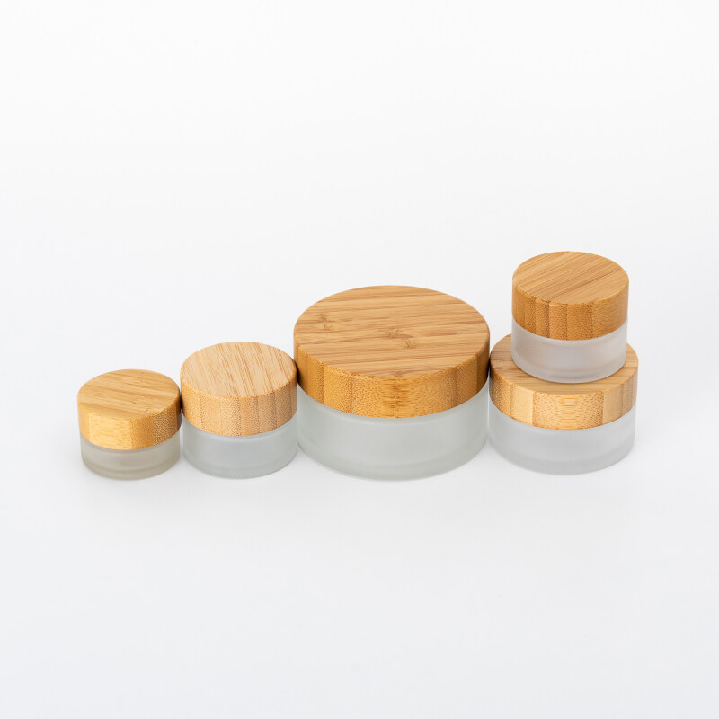 Eco-friendly 15g 30g 50g 100g Cosmetic frosted glass cream jar with bamboo wood cap, cosmetic glass jar