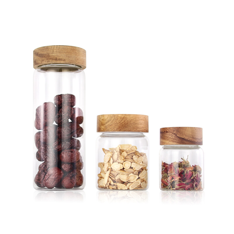 160ml 330ml 770ml fancy airtight food storage glass jar container with screw acacia wood lid