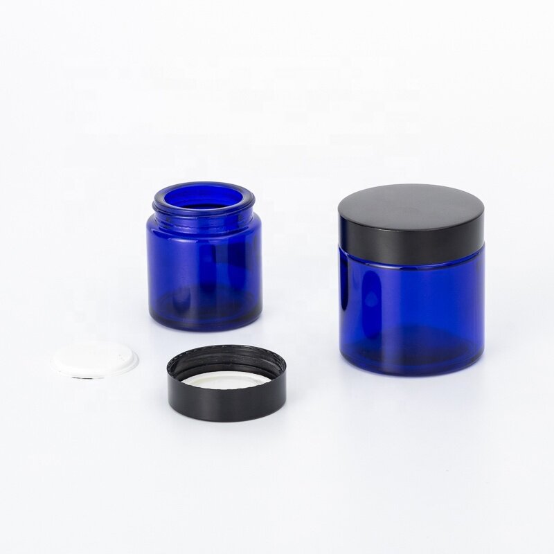 Luxury blue glass dropper bottle and jar 30ml 50ml 100ml 30g 50g various capacity with black plastic cap