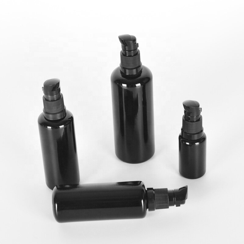 Low MOQ dark violet glass pump bottle 10ml 15ml 30ml 50ml 60ml 100ml cosmetic glass bottle