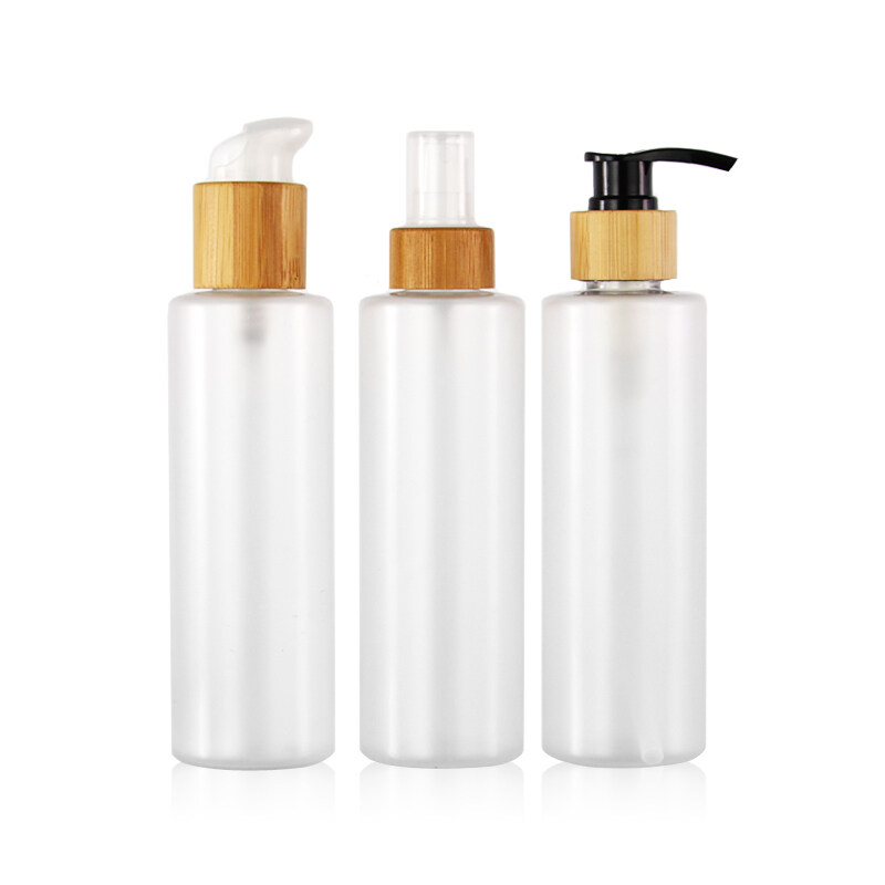 200ml clear pump pet plastic bottle with bamboo lid