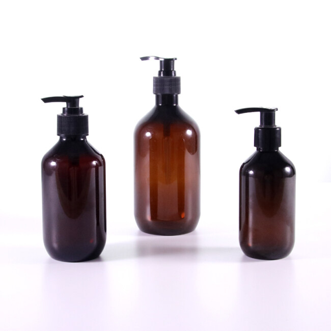 250ml 300ml 500ml empty amber Plastic PET plastic shampoo wash hand lotion pump bottle with black lotion pumps
