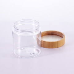 Factory price 100ml transparent frosted pet plastic bottle with bamboo lid 250g clear pet plastic jar with bamboo lid