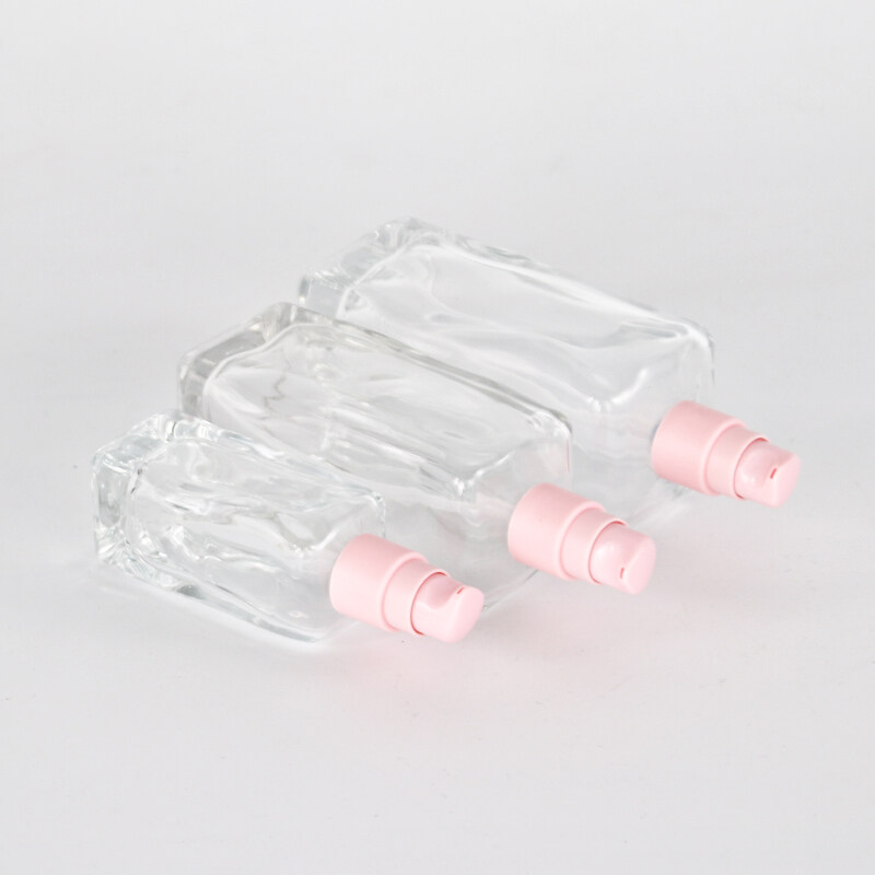 40ml 120ml 150ml transparent glass bottle with pink lotion pump 40g cream jar with pink plastic cap