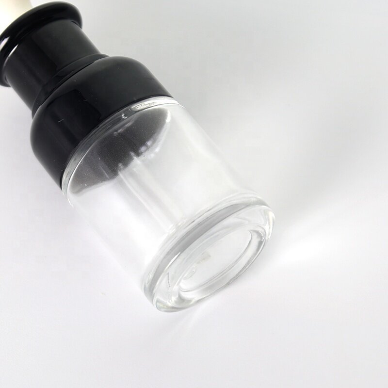 30ml cylinder shape essential oil bottle with black aluminum shoulder and lid big rubber bulb serum bottle