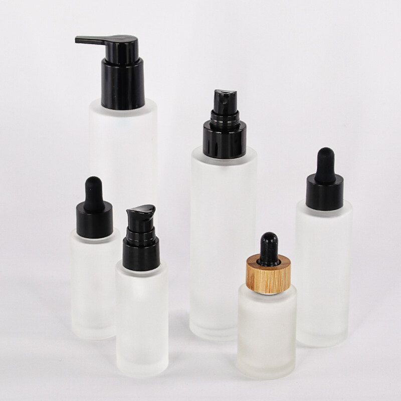 Skincare clear frosted cosmetic shoulder frosted clear glass dropper pump sprayer 30ml 50ml  bottle