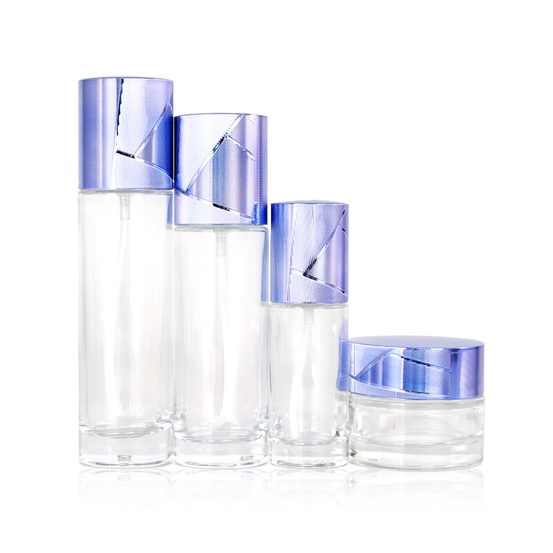 glass cosmetic packaging ,40ml 100ml lotion bottle with high quality  plastic blue cover, glass jar