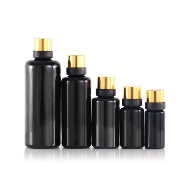 5ml 10ml 15ml 30ml 50ml 60ml 100ml 200ml automaton production round shoulder black glass bottle for cosmetic