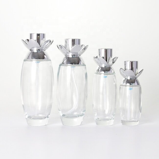 20-120mL Plating Silver Flower Cap Cosmetic Skincare Glass Bottles with Pump Spray Dropper