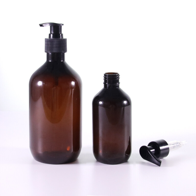 Empty amber Plastic PET plastic shampoo wash hand lotion pump bottle Shampoo Pump Bottles with black pumps