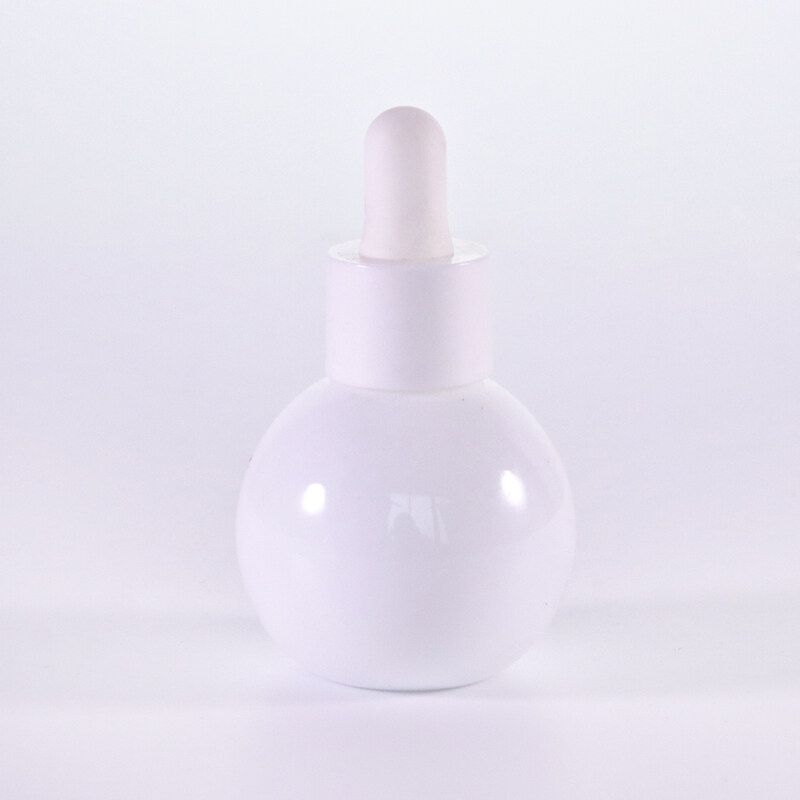 Can be customized 30ml small size special round shape opal white glass bottle with white dropper