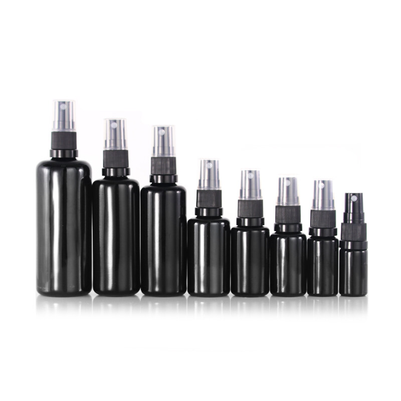 UV protection opaque black glass essential oil bottle opaque black glass bottles with shiny black aluminum dropper bottle