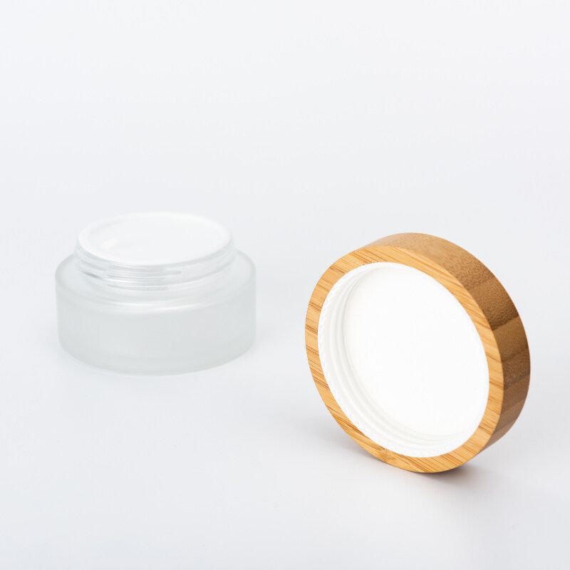 Free Sample Wholesale Bamboo lid for 5g 15g 30g 50g 100g Eco Cosmetic Containers Matte Beauty Gel Jar Frosted Glass Cream Jar