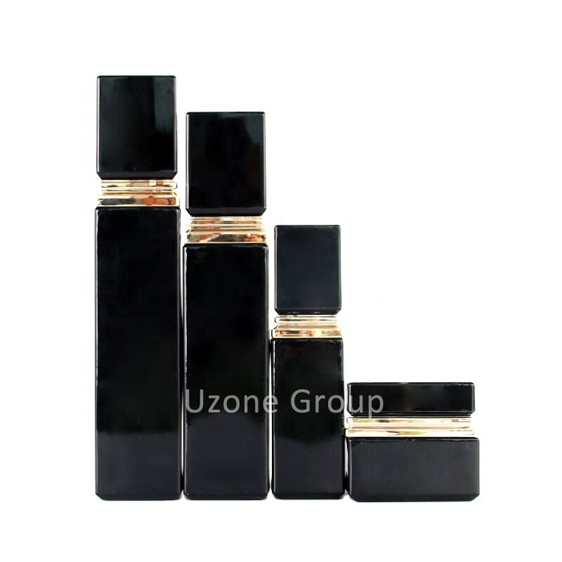 New square glass bottle and jar for skin care package black glass lotion bottle cream jar luxury glass package