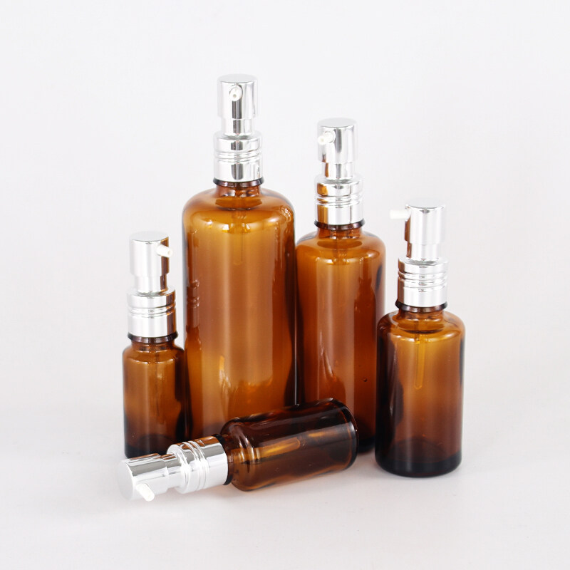 10ml 15ml 30ml 50ml 100ml high quality round brown glass essential oil bottle with silver amber glass dropper bottle