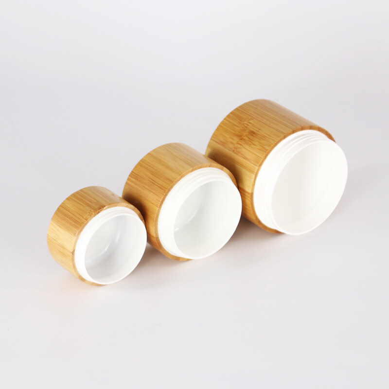 wholesale recyclable bamboo cosmetic jars 10g 30g bamboo full covered plastic jar with wooden lid