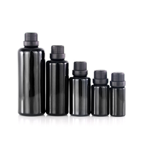 Cosmetic black childproof essential oil glass bottle with screw cap