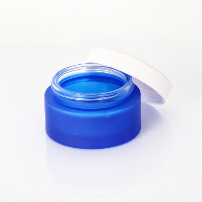 high quality 50g frosted painting blue round glass cream jar with white plastic cap for skin care packages