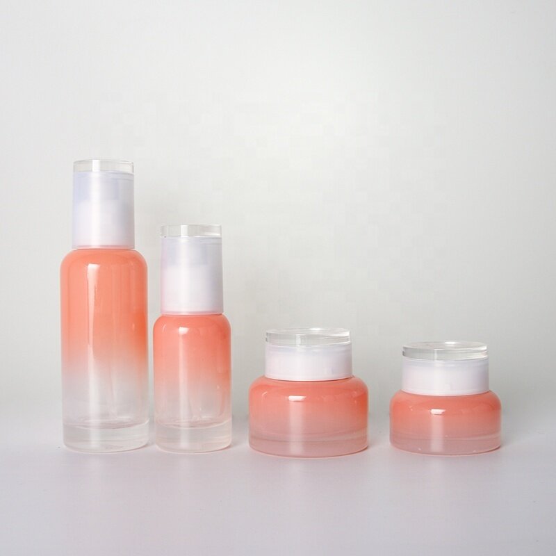 Pink glass bottles and jars for skin care package skin care set with custom design