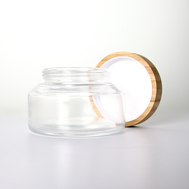 Natural bamboo wood cover face cream glass jar skin care products empty jar can be customized