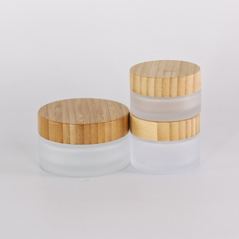 Bamboo cap skincare body lotion cosmetic packaging 15g 30g 50g 100g glass empty container frosted cream jars