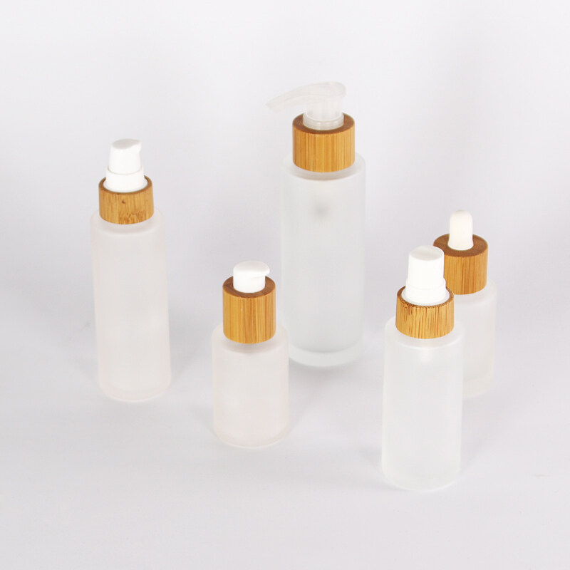 30m 50ml 100ml 120ml 150ml tranasparent frosted empty glass cosmetic  bottle with bamboo pump lotion spray lid