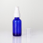 Ready to ship 30ml round shape blue glass bottle with white lotion pump and clear plastic cap for cosmetic skincare