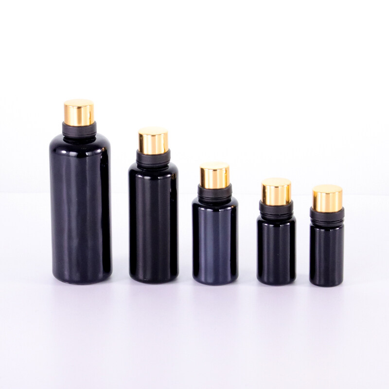 Hot selling round black  cosmetic essential oil glass dropper bottles