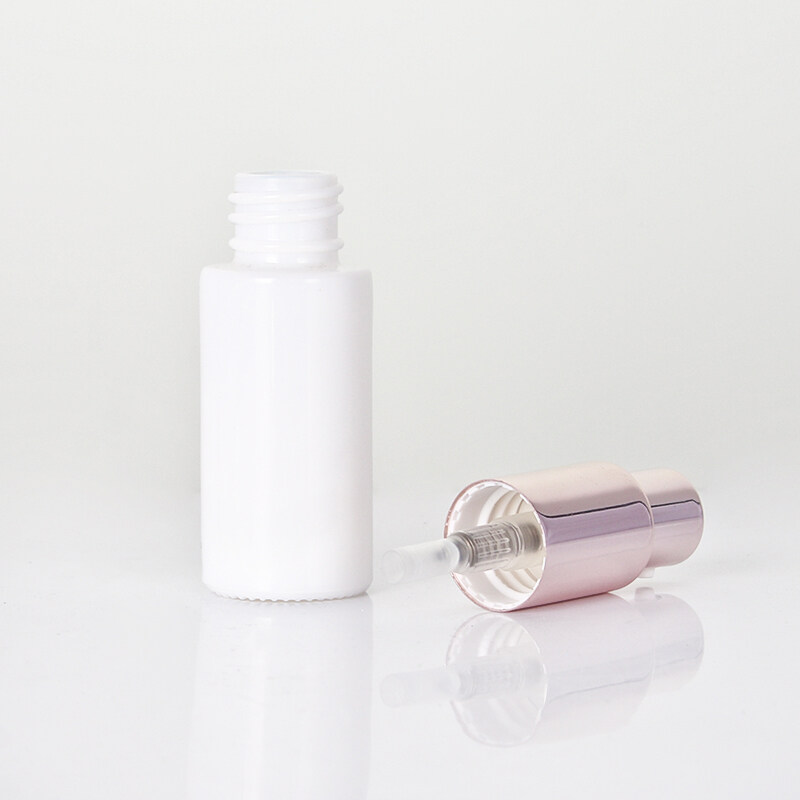 cheap price high quality 30ml opal white  glass bottle with Rose Golden emulsion pump and cap