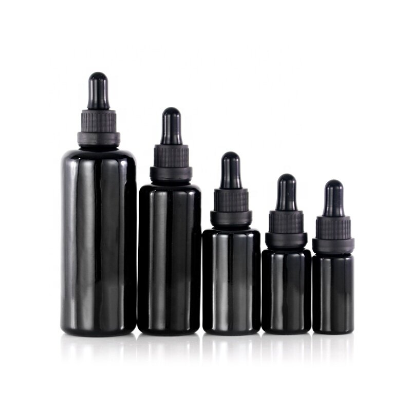 Glossy opaque black glass bottle for skin care round shoulder black glass lotion essential oil serum bottle