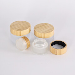 luxury 5g 15g 30g 50g 100g frosted glass cosmetic cream jars, real wooden bamboo lid for glass jar