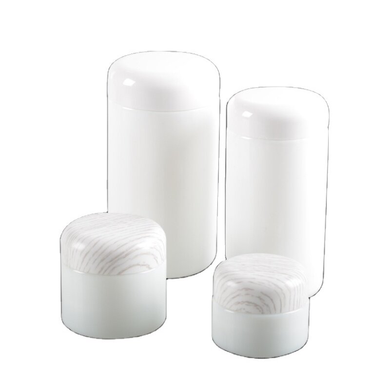 Opal white round shoulder glass bottle and jar with plastic lid for skin care