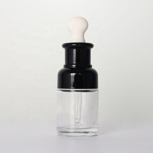 30ml cylinder shape essential oil bottle with black aluminum shoulder and lid big rubber bulb serum bottle