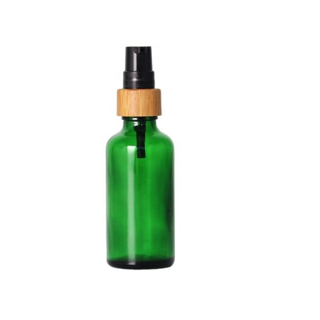 Green Clear Glass Cosmetic Serum Bottle with wooden top