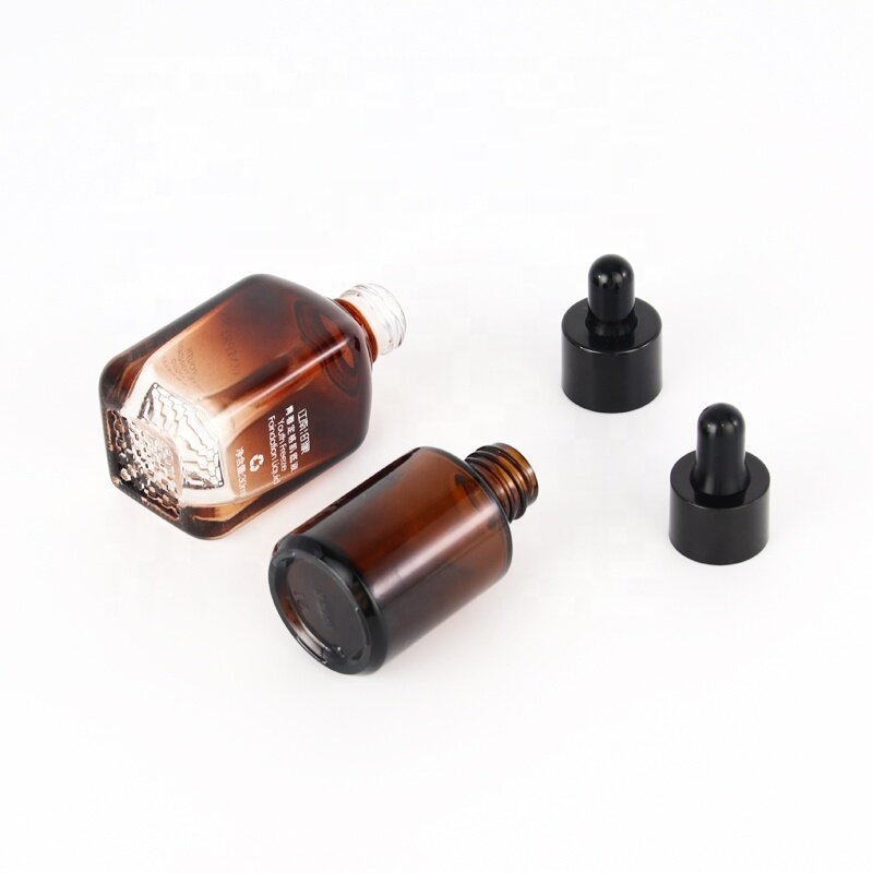 Wholesale 30ml 50ml luxury brown glass dropper bottle with black plastic rubber dropper