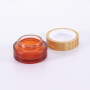 wholesale price frosted empty glass bamboo jar with wooden cap for cosmetics jars, amber frosted glass jar