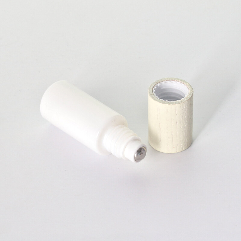 opal white glass bottle with steel ball and white ash wood lid for Portable perfume bottle or essential oil