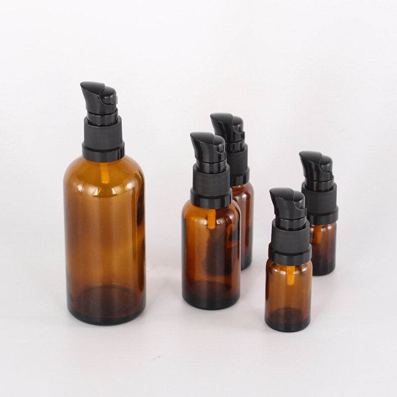 Various sizes amber cosmetic glass lotion bottle cosmetic lotion pump bottle glass dropper bottle